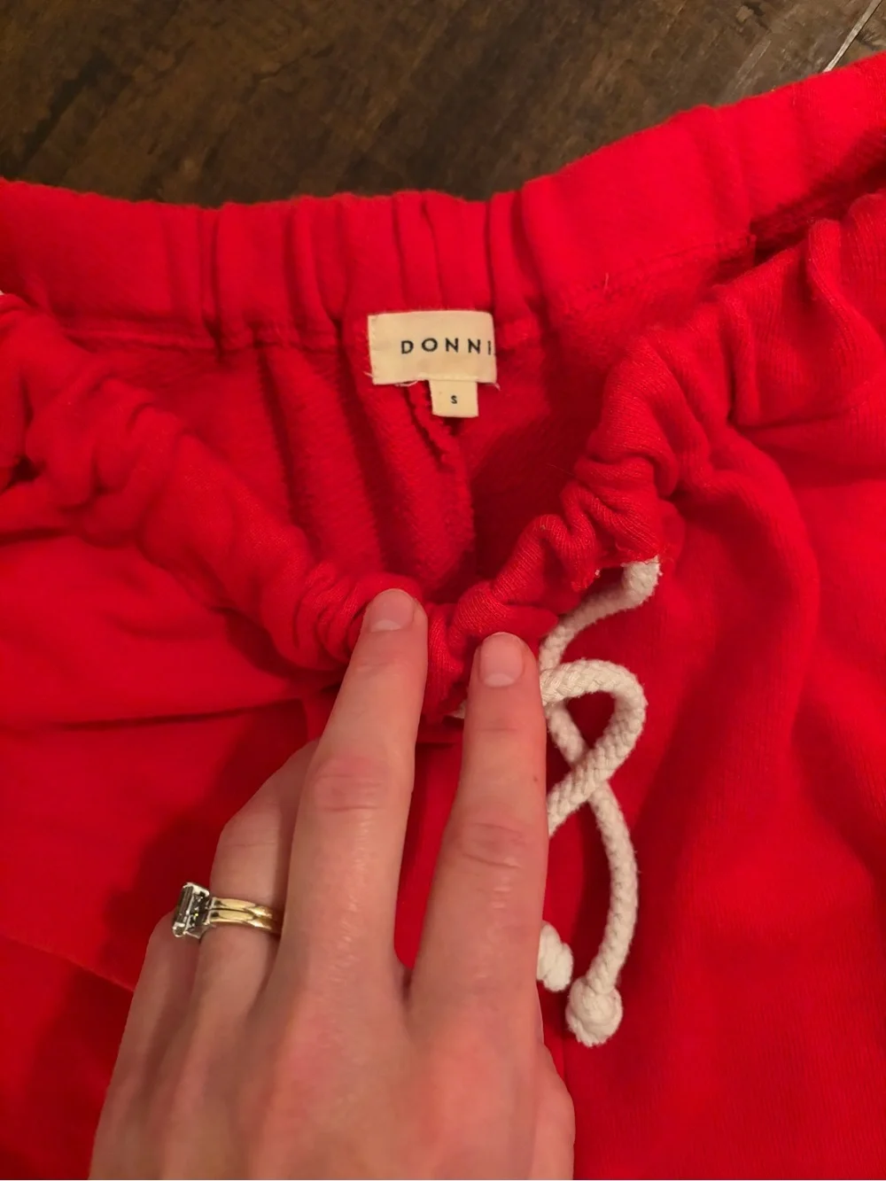 DONNI. Eco-Terry Striped Shorts in red bell pepper size small